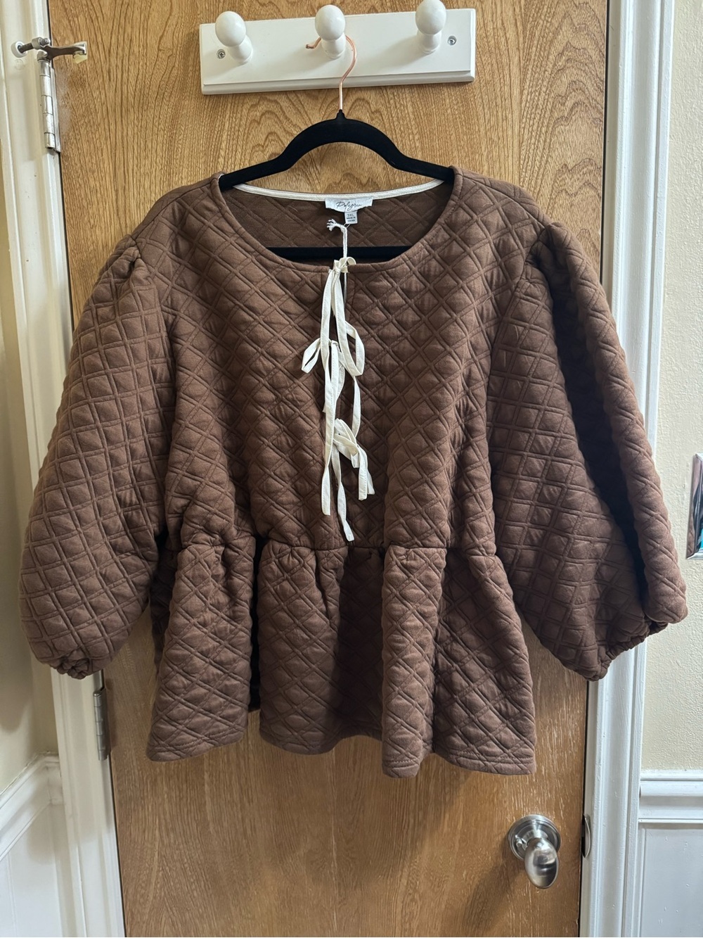 Polagram Brown Quilted 3/4 Sleeve Sweater Tie Front Peplum Heavy Plus Size 3XL